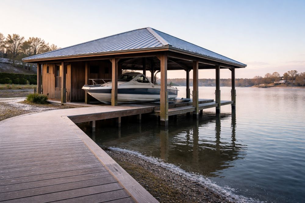 Houston boathouse and dock during cold winter morning showing light frost and calm waterfront conditions