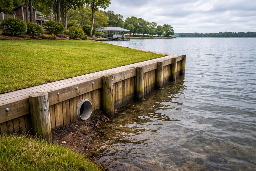 Houston waterfront bulkhead along a flat shoreline with calm water and overcast spring conditions