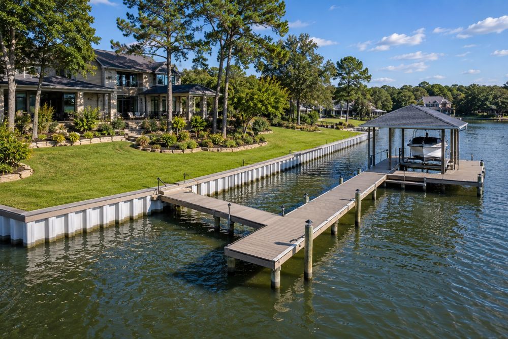 Completed bulkhead and pier construction on a Texas waterfront property with pilings and boathouse