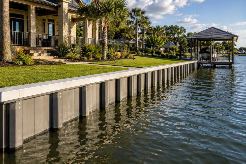 Composite FRP bulkhead installation protecting a residential Texas waterfront shoreline