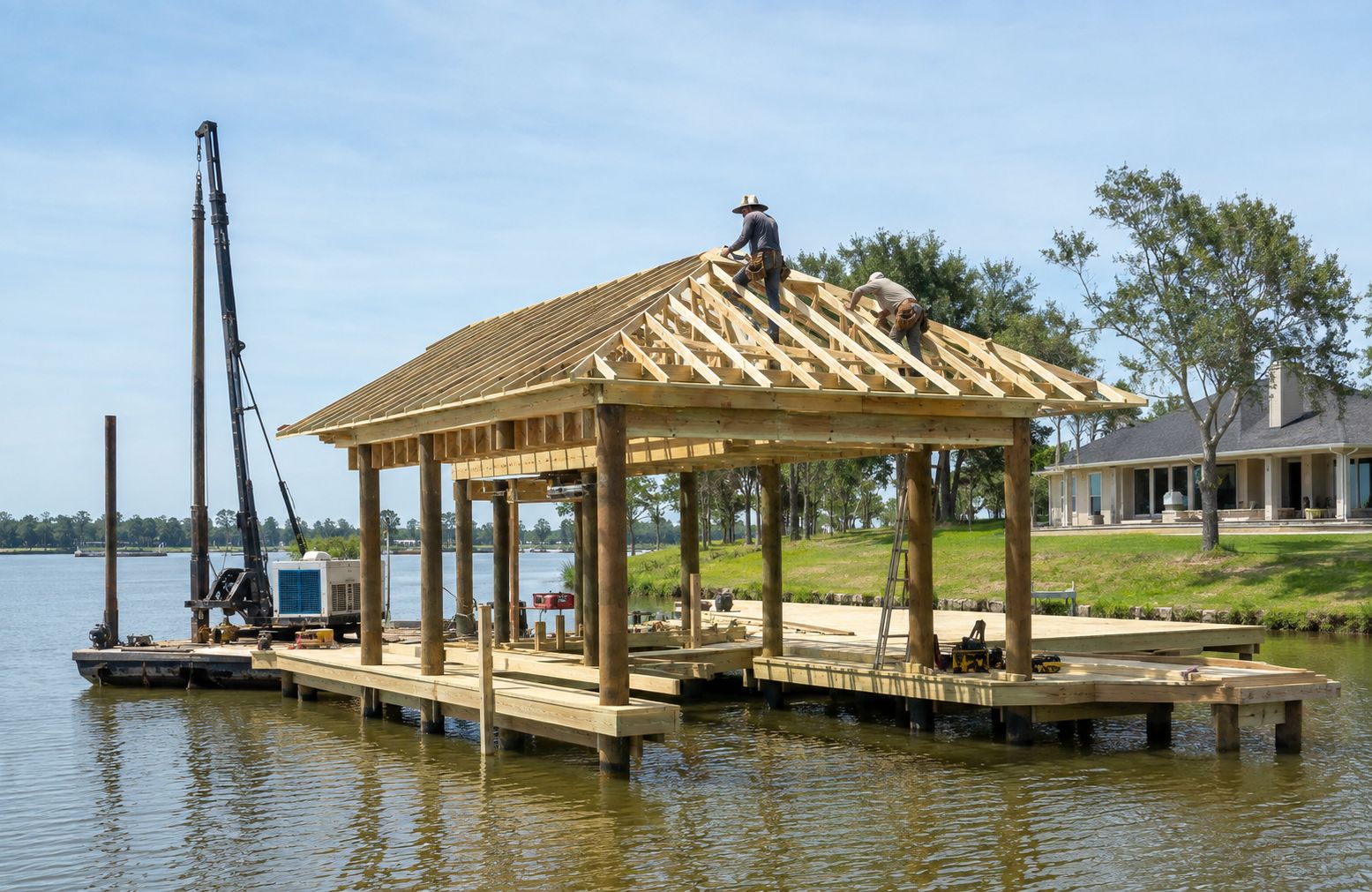 Custom boathouse under construction on a Houston-area waterfront with pilings, framing and marine construction crew