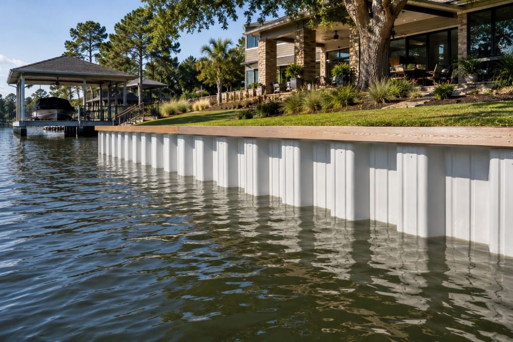 New vinyl bulkhead installation protecting a residential Texas waterfront shoreline