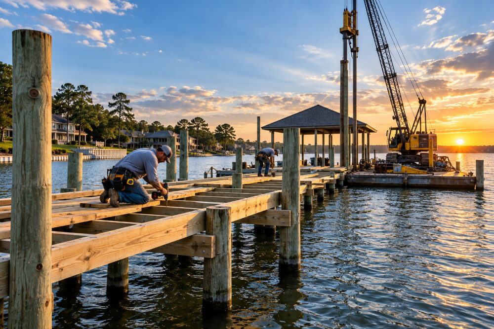 Marine pier contractor inspecting pilings during waterfront pier construction in the Houston area