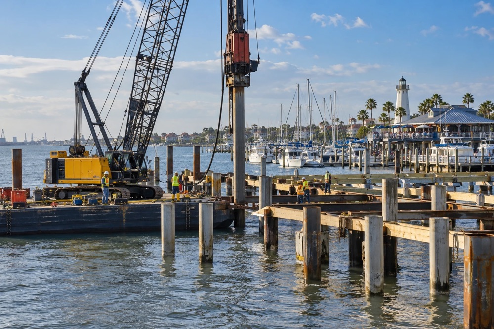 Commercial pier construction with a crane barge driving pilings on the Texas coast