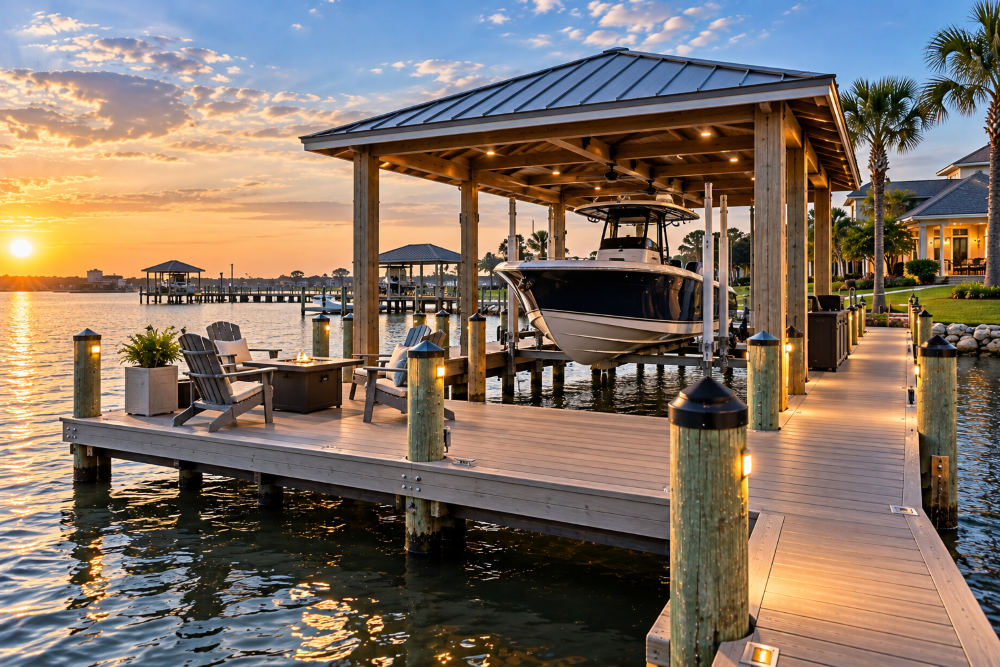 Custom Baytown boat dock with covered boat lift, seating area, lighting, and waterfront living space