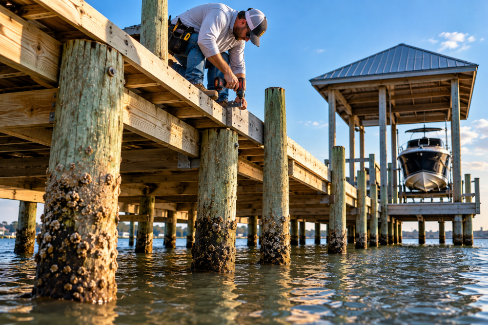 Marine contractor inspecting an aging residential pier in La Porte for piling damage, corrosion, and structural wear