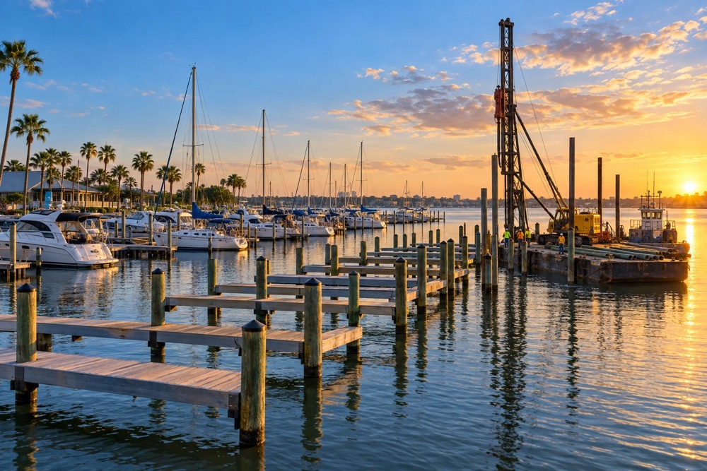 Marina expansion with new timber pilings and a pile-driving barge at a Texas marina