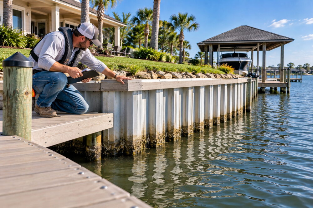 Marine contractor inspecting a Baytown waterfront dock and bulkhead for corrosion, piling wear, and structural damage