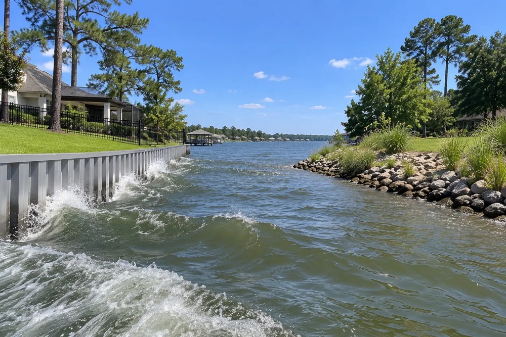 Waves striking a vinyl bulkhead beside a riprap shoreline on a Texas lake