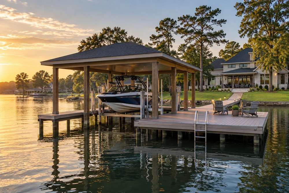 Stationary pier with a covered boat lift and composite deck on a Texas lake